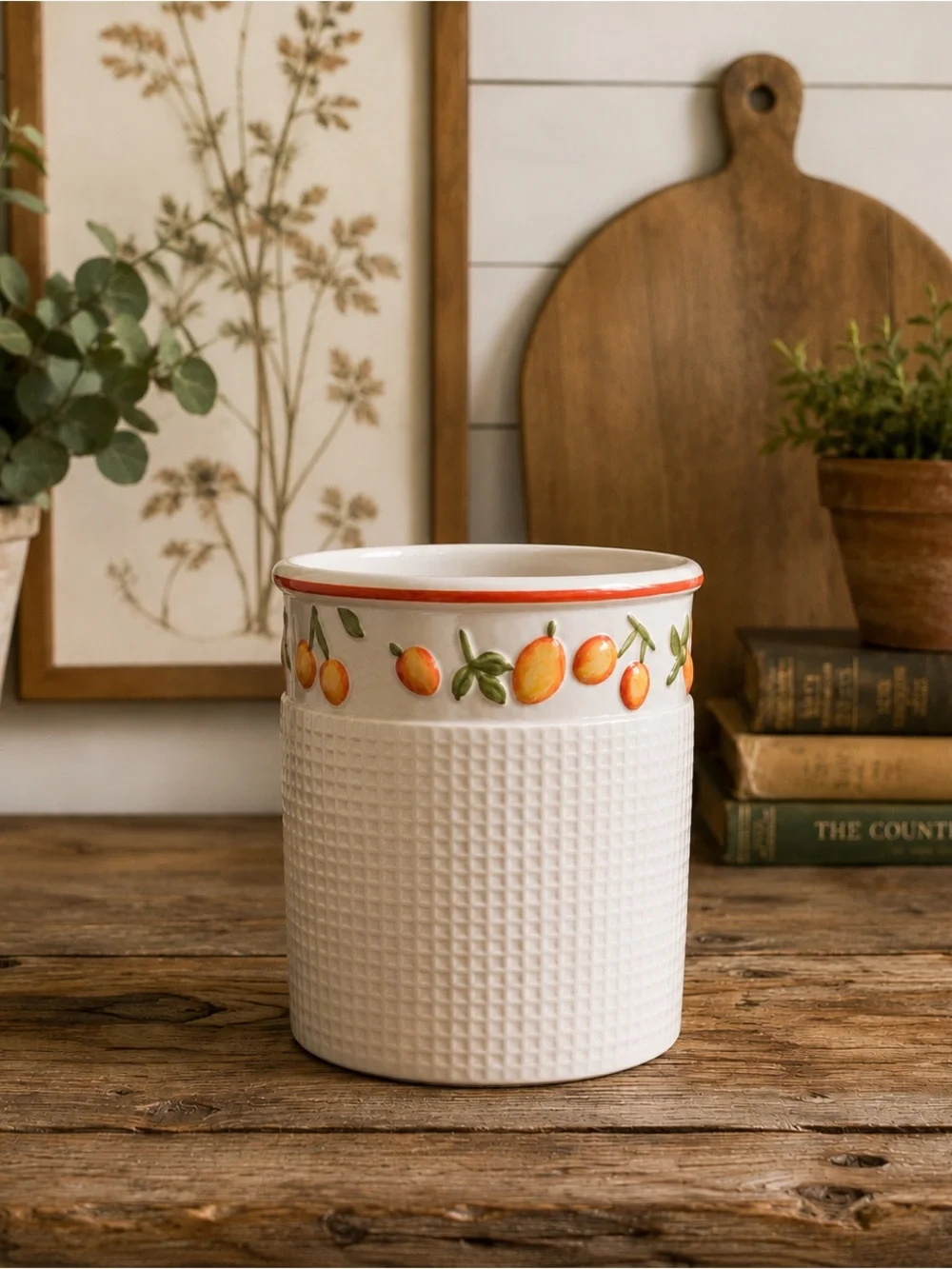 Ceramic Orange Pattern Utensil Holder - White